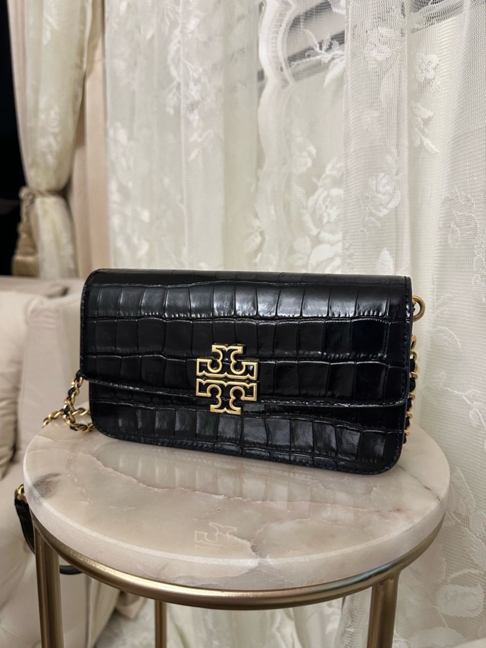 Tory Burch Black Croc-Embossed Crossbody with Gold Logo